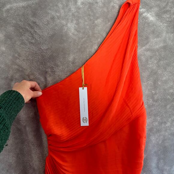 House of Harlow Dress Women L Orange Satin Pleated Wedding Guest Grecian Formal - Picture 4 of 16